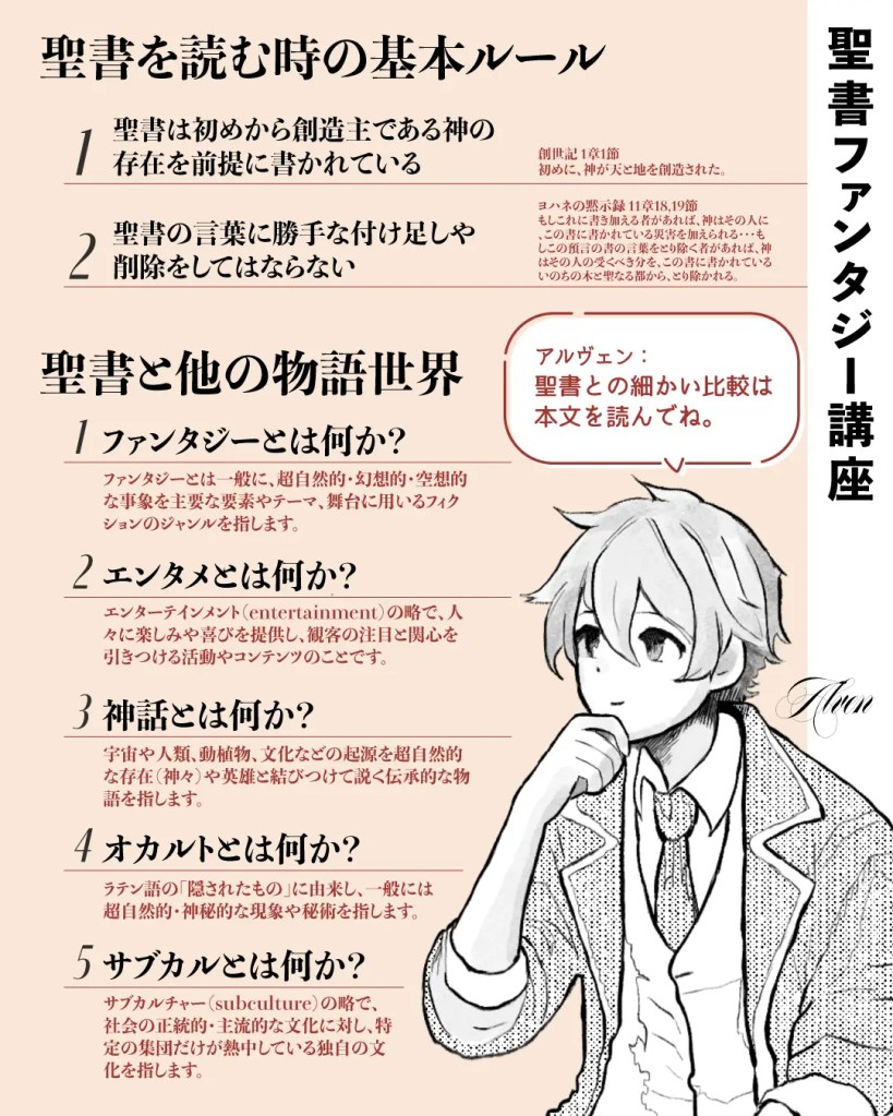 聖書とファンタジーの違いを図解し、創造主の前提や聖句の尊重など聖書に接する基本ルールを示した要約画像。神話・オカルト・サブカルとの比較も含む。