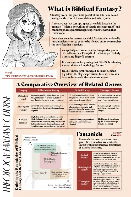 nfographic explaining the concept of Biblical Fantasy, its theological foundations, and how it compares to related genres such as Bible-Inspired Fantasy and Theological Fantasy.
