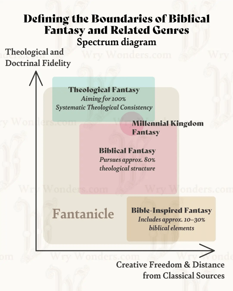 Spectrum diagram mapping theological fidelity vs creative freedom among fantasy subgenres (English).